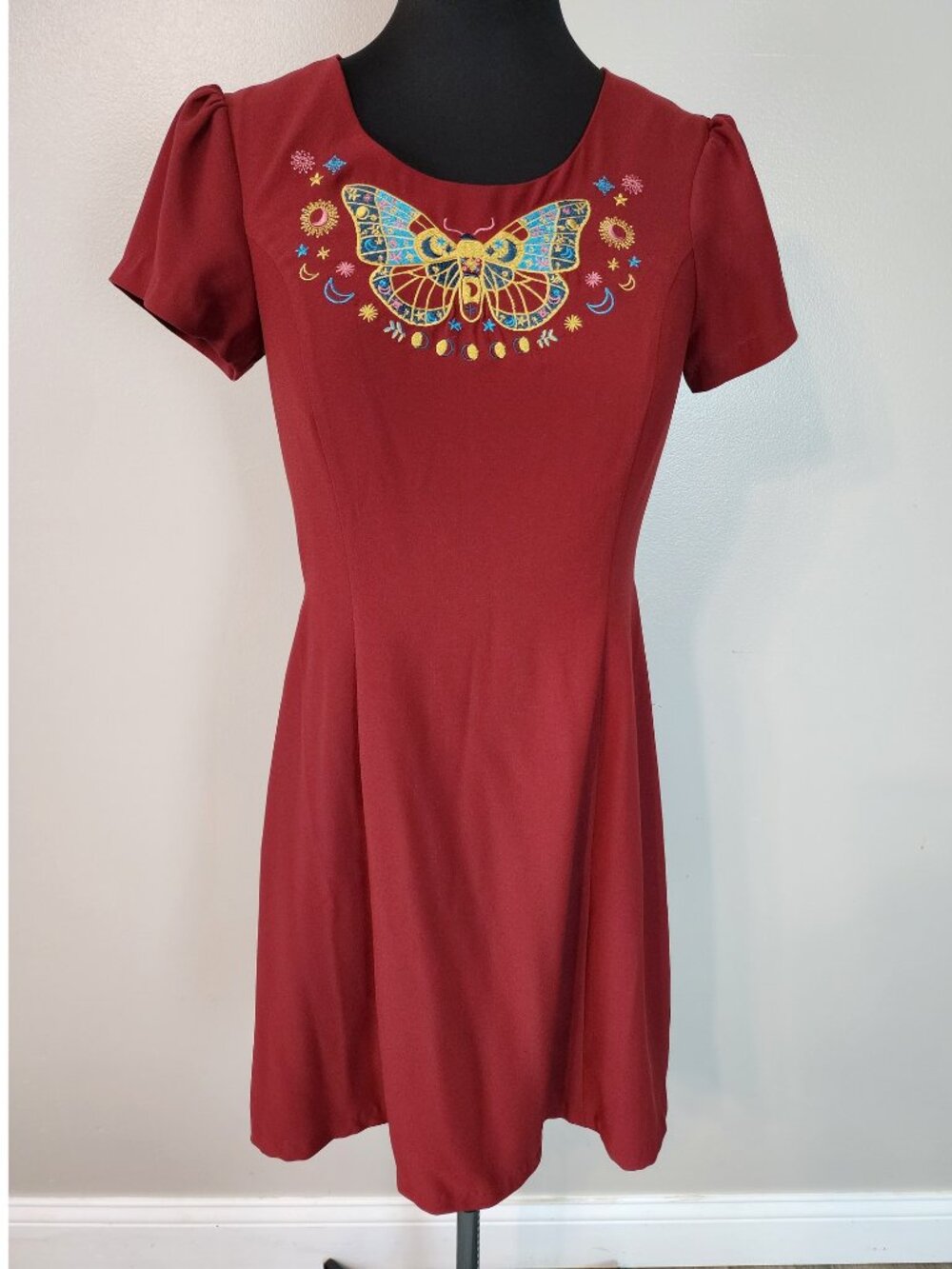 Harkel Burgandy Butterfly Moth‎ Embroidered US Sz 4 Celestial Skater Dress Fairy